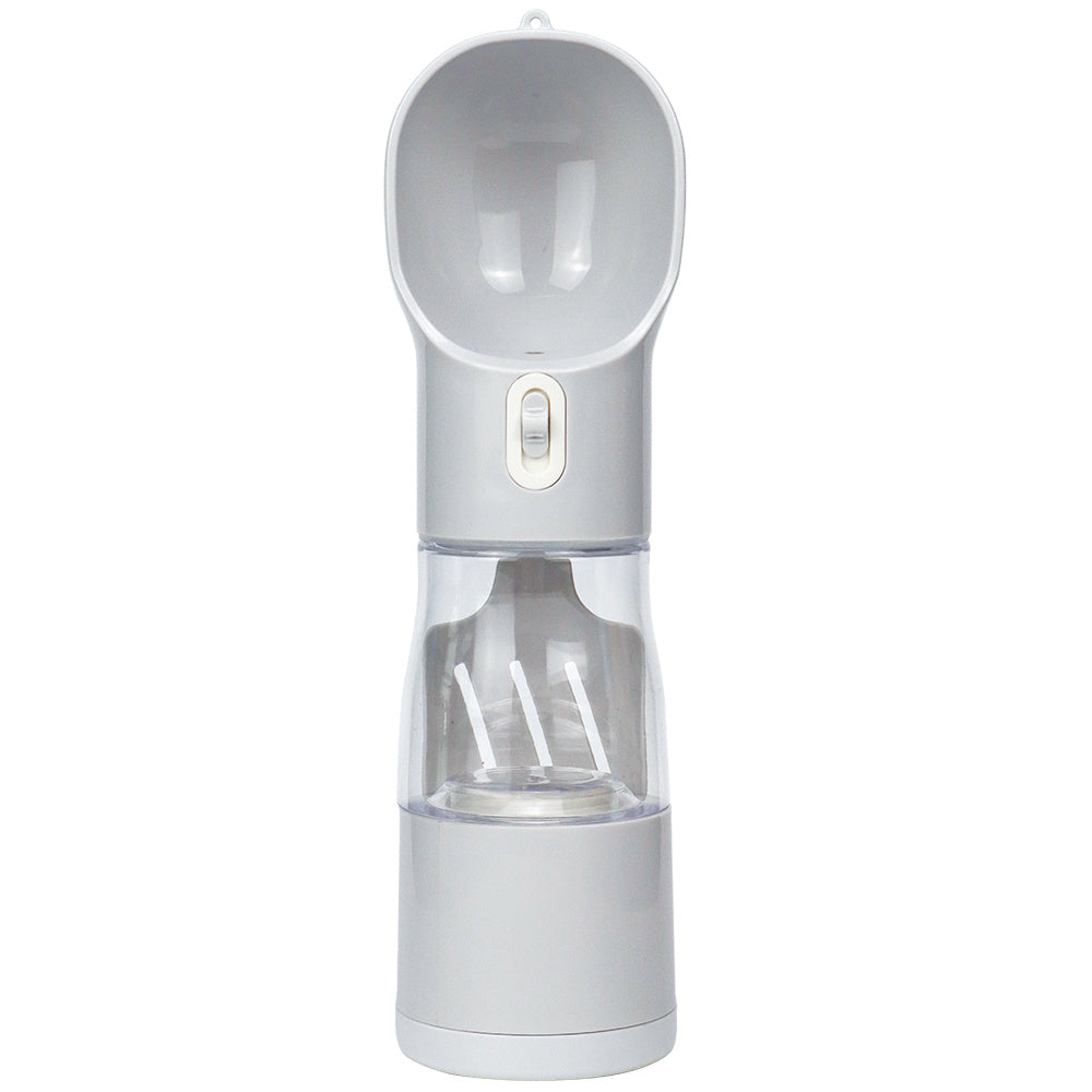 Portable dog water bottle With built in poop bag dispenser and snack Cup