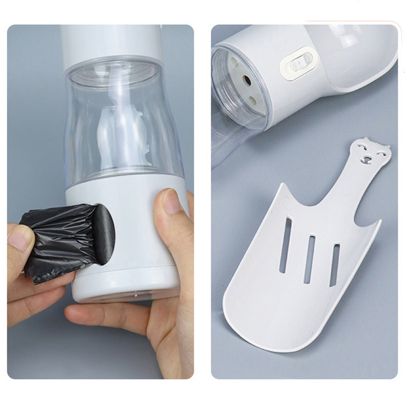 Portable dog water bottle With built in poop bag dispenser and snack Cup