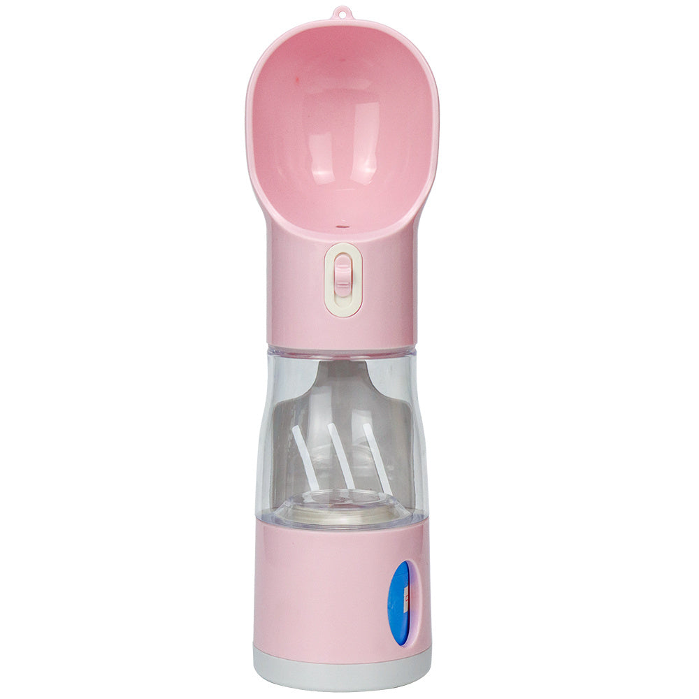Portable dog water bottle With built in poop bag dispenser and snack Cup
