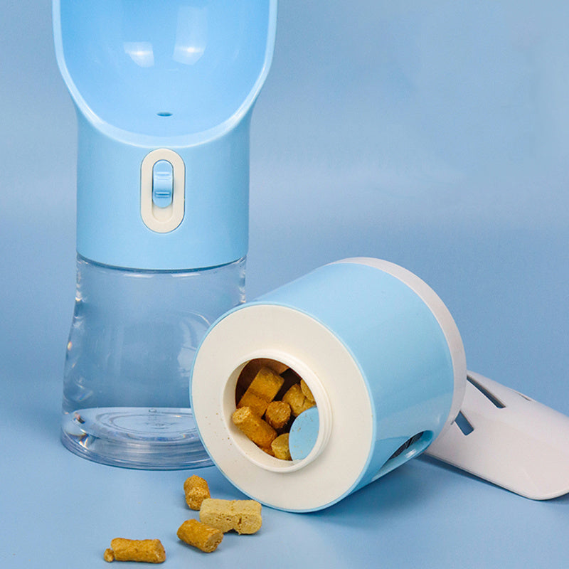 Portable dog water bottle With built in poop bag dispenser and snack Cup