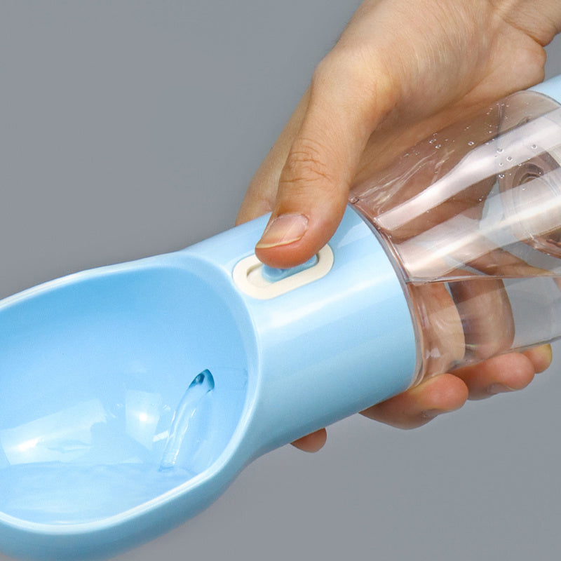 Portable dog water bottle With built in poop bag dispenser and snack Cup