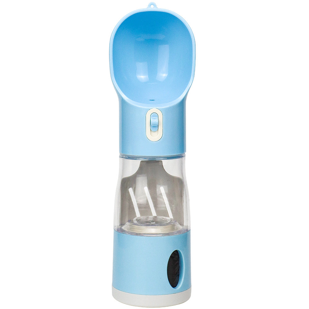 Portable dog water bottle With built in poop bag dispenser and snack Cup